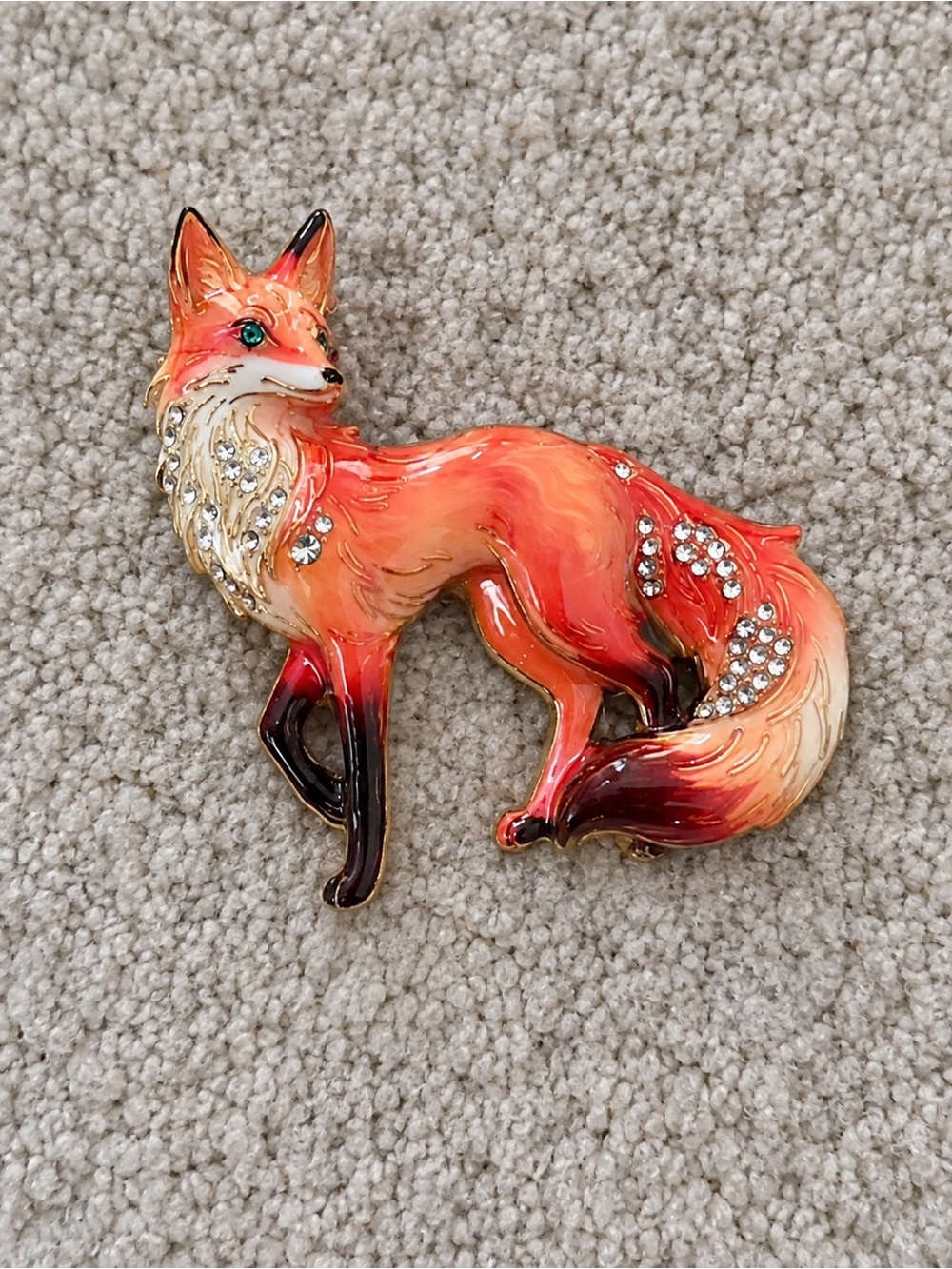 Orange Enamel Fox Brooch with Rhinestones – Gold Tone